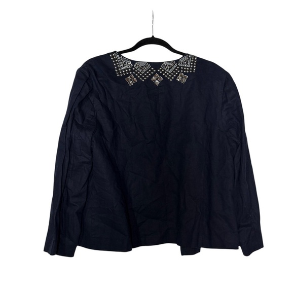 Chico's Embellished Blazer Navy Blue Open Front Linen Blend Size 3 / Large Jewel - Picture 2 of 10